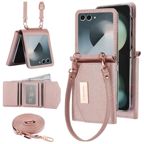 for Samsung Galaxy Z Flip 7 Wallet Case with Built-in Leather Cash Slot and Credit Card Holder. Wristlet Strap and Hinge Protection, Carrying Handbag Phone Case for Women Ladies.(Black) Blac