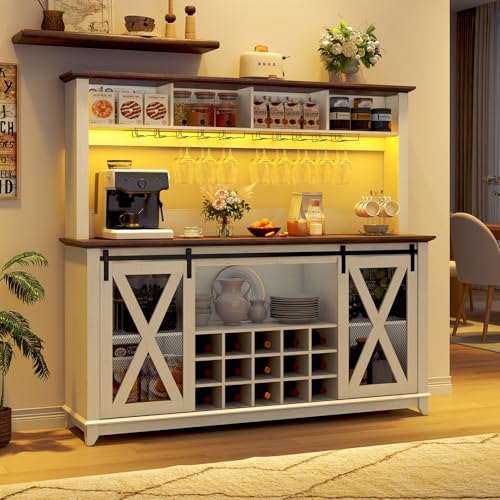 63"Wide 58"H Farmhouse Coffee Bar Cabinet with LED Light,Wine Bar Cabinet w/ 4 Storage Hutch,Kitchen Buffet Cabinet w/Sliding Barn Door & 15 Wine and Glass Racks for Kitchen Dining Room(Antique White) - Image 4
