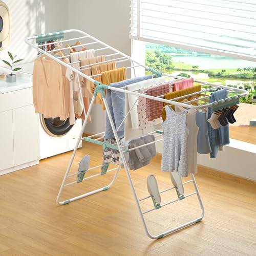 SereneSpc Foldable Clothes Drying Rack, 3 Grades Height-Adjustable Clothes Airer, Winged Clothes Horse Indoor,Stainless Steel Drying Rack Laundry Outdoor, L144 x W50 x H94cm, Green - Image 8