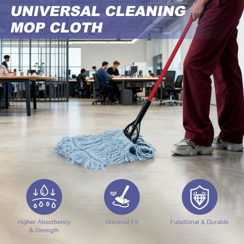 Image of Commercial Heavy Duty Mop Heads Replacement: 6 Pack Industrial Wet Reusable Mop Head for Floor Cleaning, Washable Refills Blue Cotton Looped End String Mopheads for General Maintenance