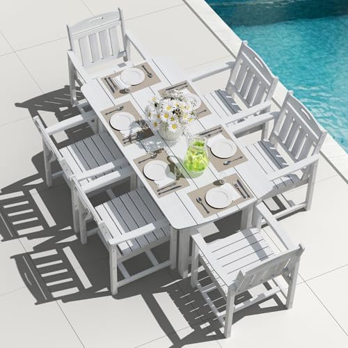 Image of HDPE Outdoor Dining Set, Patio Table and Chairs Set, All-Weather 7-Piece Outside Table and 6 Chairs, 2 inch Umbrella Hole, Outdoor Furniture for Garden, Poolside, Backyard, Deck | White