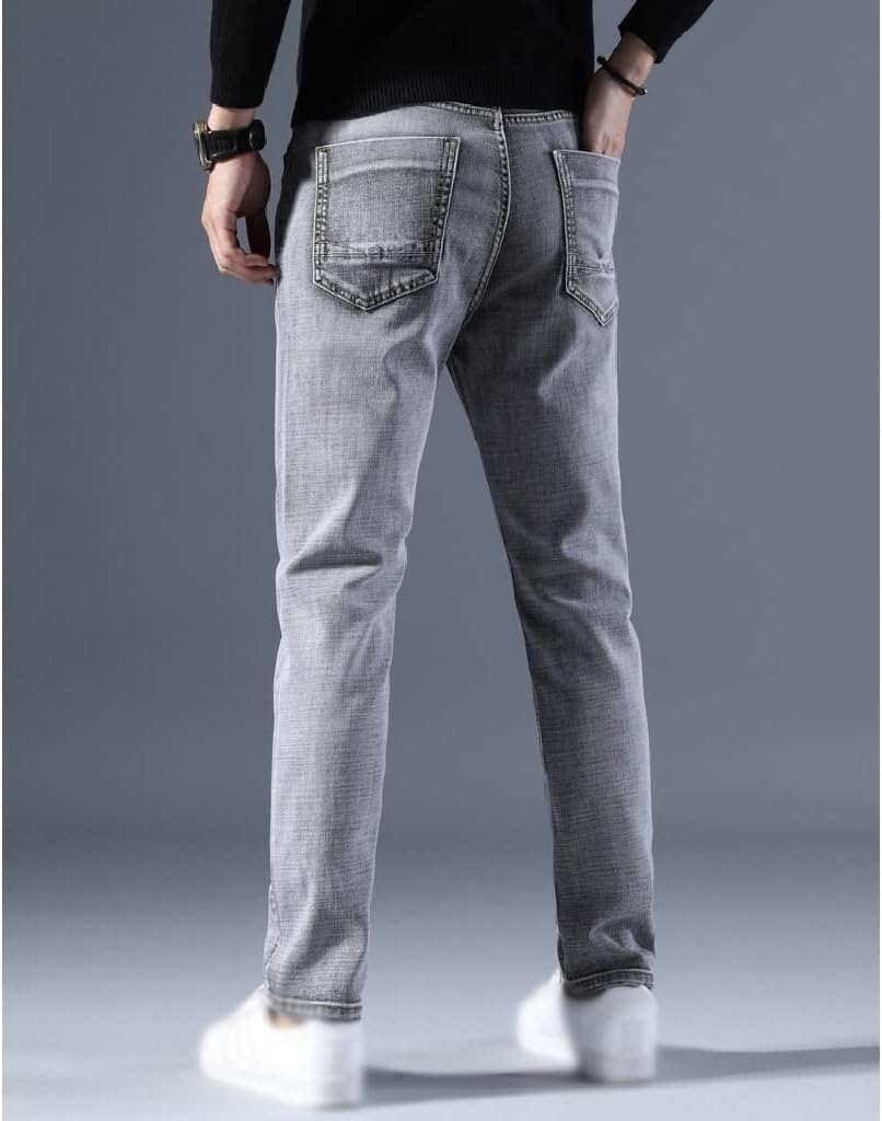 Men's Straight Fit Business Jeans Pants Classic Mid Waist Soft Stretch Trousers Male Fabric