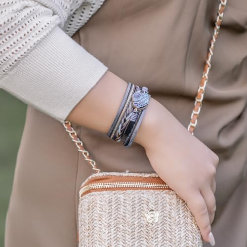 FANCY SHINY Braided Leather Bangle Bracelets Boho Resin Stone Wrap Bracelets Stackable Cuff Bracelets with Magnetic Clasp for Women2