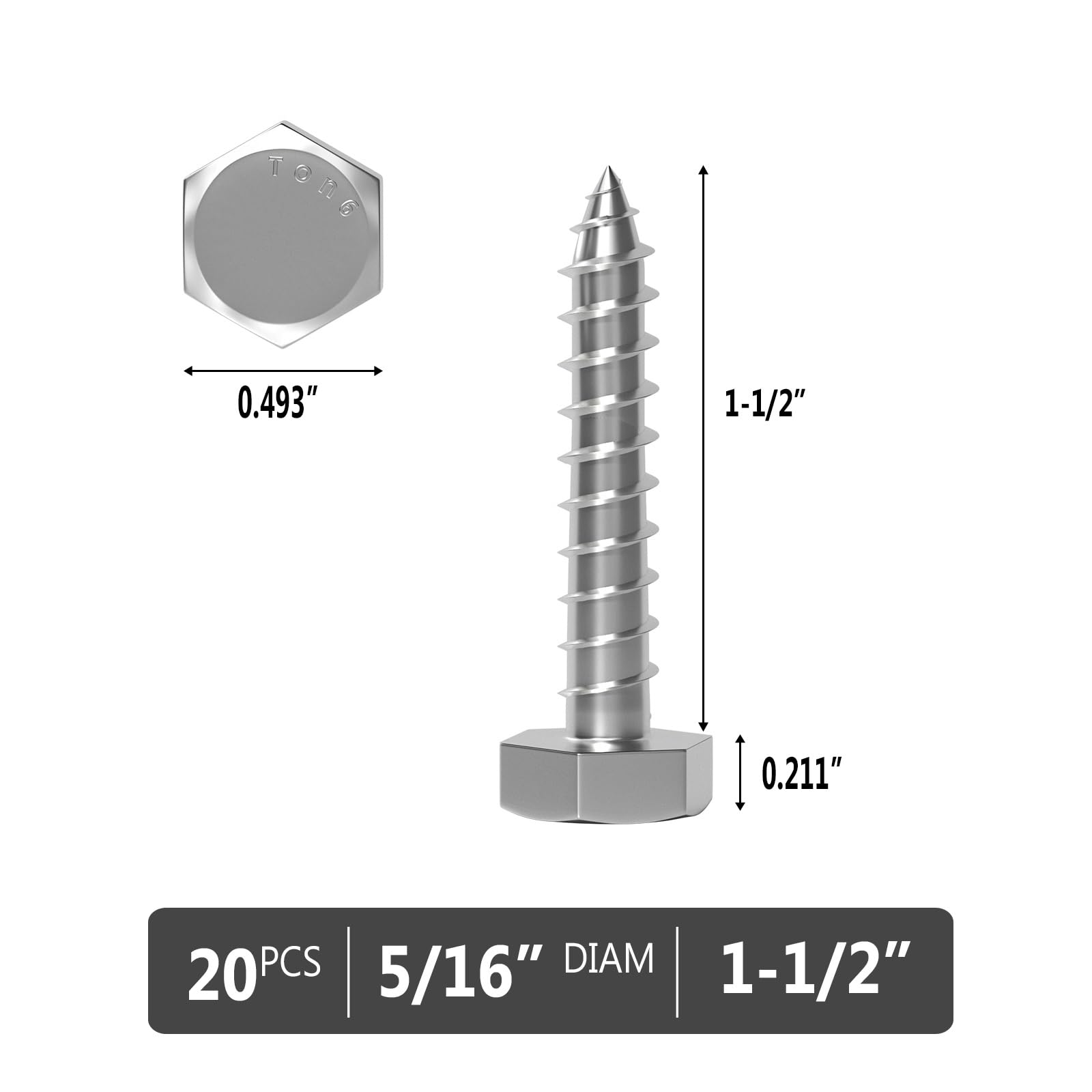 VGBUY Tornillos de cabeza hexagonal de 5/16 x 1-1/2 pulgadas, 20 unidades, pernos de retraso de acero inoxidable 304, tornillos de madera resistentes para soportes de TV, cubierta, reparación de