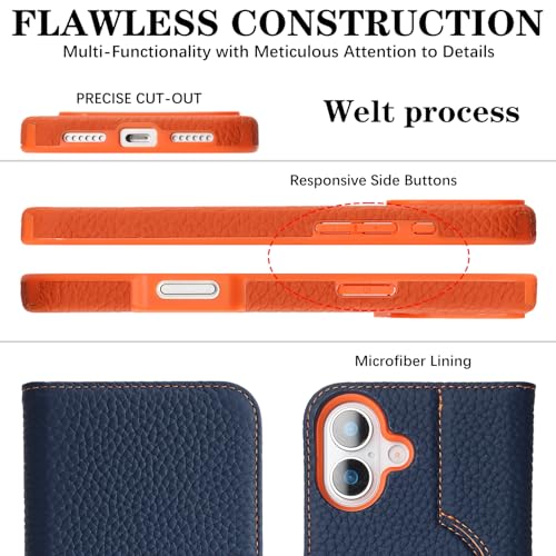 Image of Detachable Genuine Leather Case for iPhone 16 Wallet Case Magnetic 2in1 Removable Flip Cover Book Purse Compatible with Magsafe Charging Kickstand Card Holder-Navy Blue+Orange