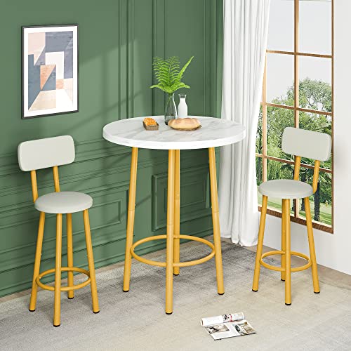 Awqm 3-Piece Round Bar Table Set For 2, Faux Marbled Tabletop And Upholstered Chairs Wit Back, Small Dining Table For Kitchen Breakfast Nook Living Room Dinette (White & Gold) #TOP1