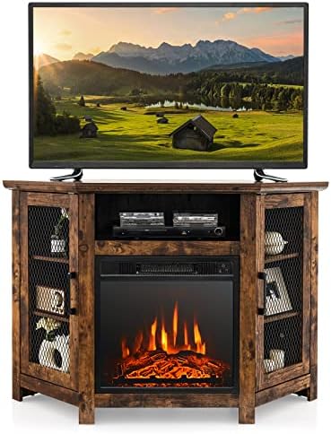 Tangkula 45 Inches TV Stand with Fireplace Insert, Electric Fireplace Entertainment Center with Adjustable Shelves, 3 Brightness, Overheat Protection, Fit TVs up to 50 Inches (Rustic Brown)