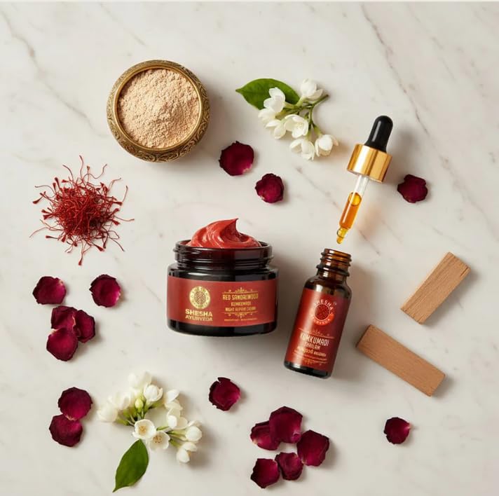 Image of SHESHA AYURVEDA Combo of Red Sandalwood Skin Brightening & Night Repair Cream and Ayurvedic Kumkumadi Thailam | Hydrating anti-aging and radiant skin 50gm+5ml