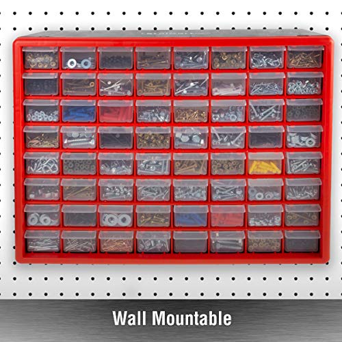 64-Drawer Storage Organizer - Plastic Drawers for Organization - Desktop or Wall-Mounted Container for Hardware, Tools, and Beads by Stalwart (Red) thumbnail 5