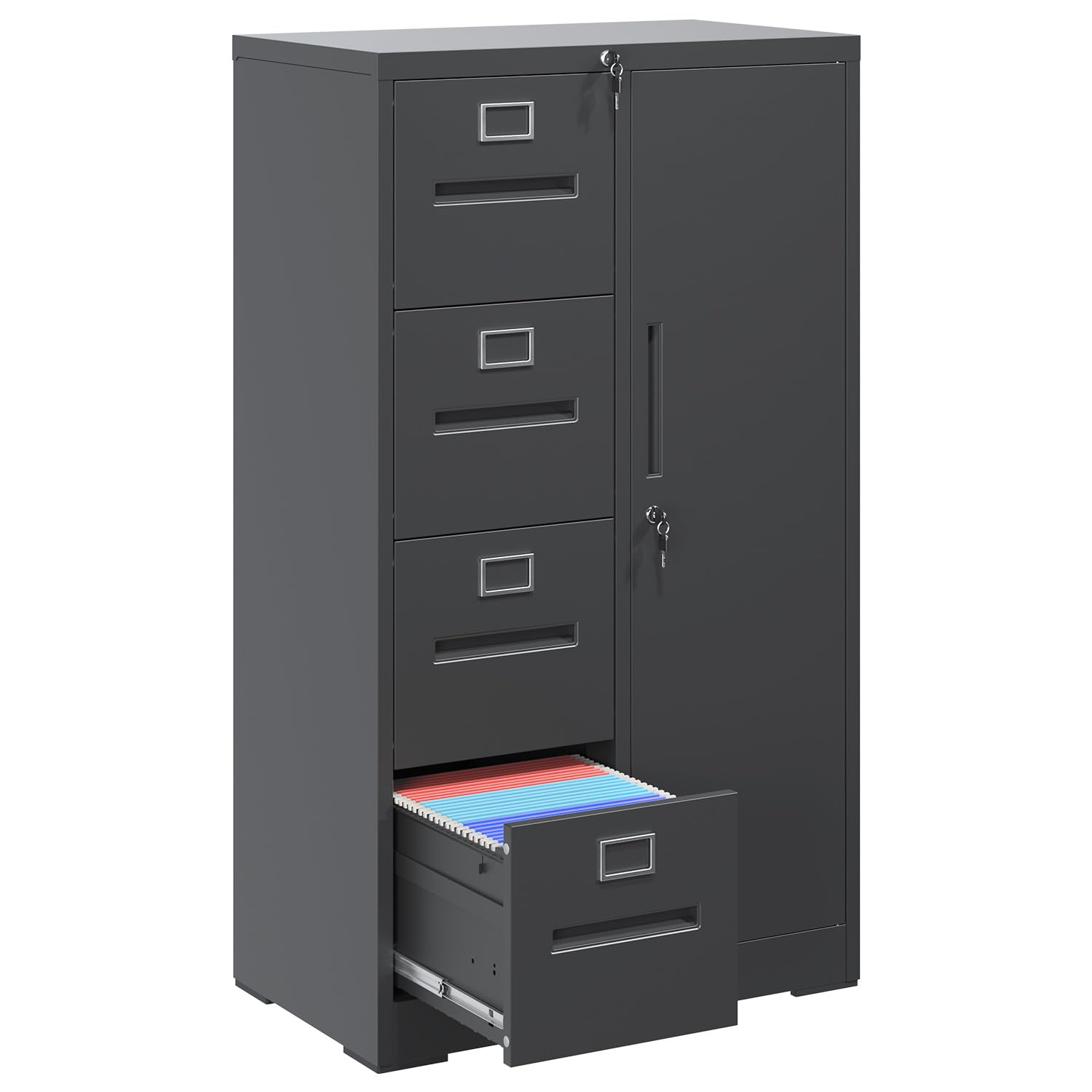 VIYET 4-Drawer Vertical File Cabinet with Lock & 1 Door,File Cabinet with Storage Shelves for A4/Legal/Letter, Black, Assembly Required