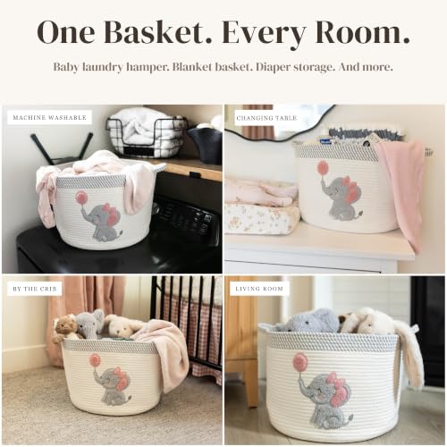 Image of Elephant Baby Storage Basket for Girls, Cotton Rope Nursery Bin, 15x11 in | Stuffed Animal and Blanket Storage, Soft Felt Elephant Patch, Pink Baby Room Decor, Shower Gift, Kids Playroom Organizer
