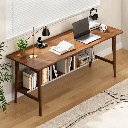 Image of 63 Inch Computer Desk, Large Home Office Desk with Storage Shelf, Solid Wood Long Writing Desk for Study, Workstation Table for Home Office, Study Room (Walnut)
