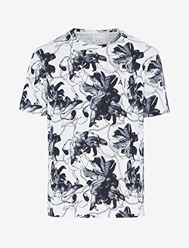 A|X Armani Exchange Men's Regular Fit Hibiscus Print Crewneck Slub Jersey Graphic Tee, White/Navy Flower, XXL