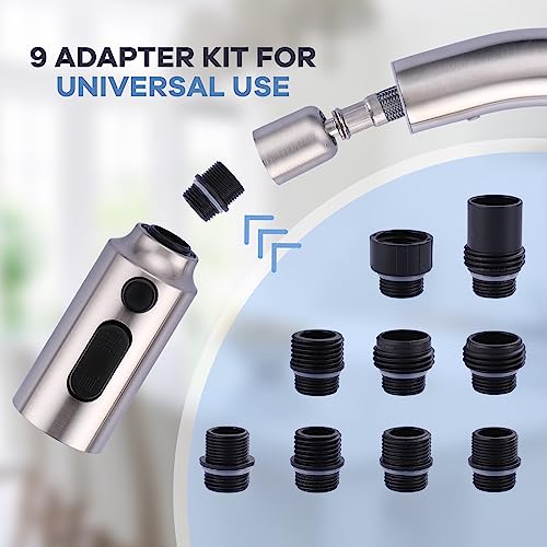 iVIGA Pull Down Faucet Sprayer Head Replacement, Brushed Nickel 3 Function Pull Out Spray Nozzle with 9 Adapters for Kitchen Sink Faucet, American Standard for Moen Kohler Delta G1/2 Male Connector - Thumbnail 2