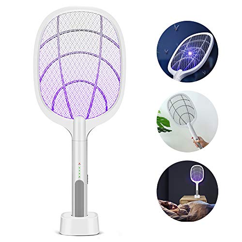 TEEKAR - Raqueta de insectos, 2 en 1, portátil, con luz UV, recargable por USB, con soporte de carga para interior y exterior