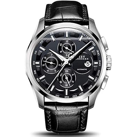 MASTOP Swiss Brands Men's Automatic Self-Wind Watch Stainless Steel and with Brown Genuine Leather Band (Silver Black) Cover