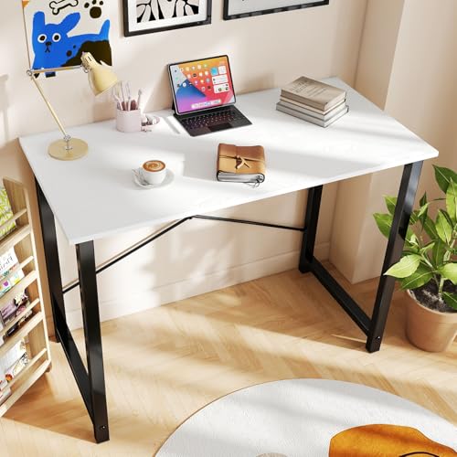 Image of DUMOS 55 Inch Computer Desk for Home Office, Modern Study Work Table Simple Style for Bedroom Small Space, Large Writing Desks with X-Shaped Reinforcement, Wood White