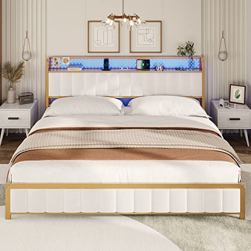 Bthfst King Bed Frame With Led Light Headboard, Usb Ports & Outlets, Upholstered King Platform Bed Frame, Sturdy Bed Foundation, Upgraded 2-Row Middle Beams, Creamy White & Gold #TOP5