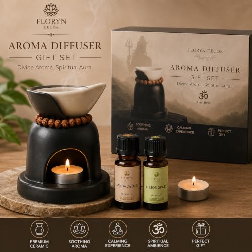 Image of Floryn Decor Divine Aroma Diffuser Gift Set, Ceramic Oil Burner with Rudraksha Mala, 2 x 10ml Aroma Oils (Sandalwood & Lemongrass), 2 Unscented Tealight Candles for Home Decor
