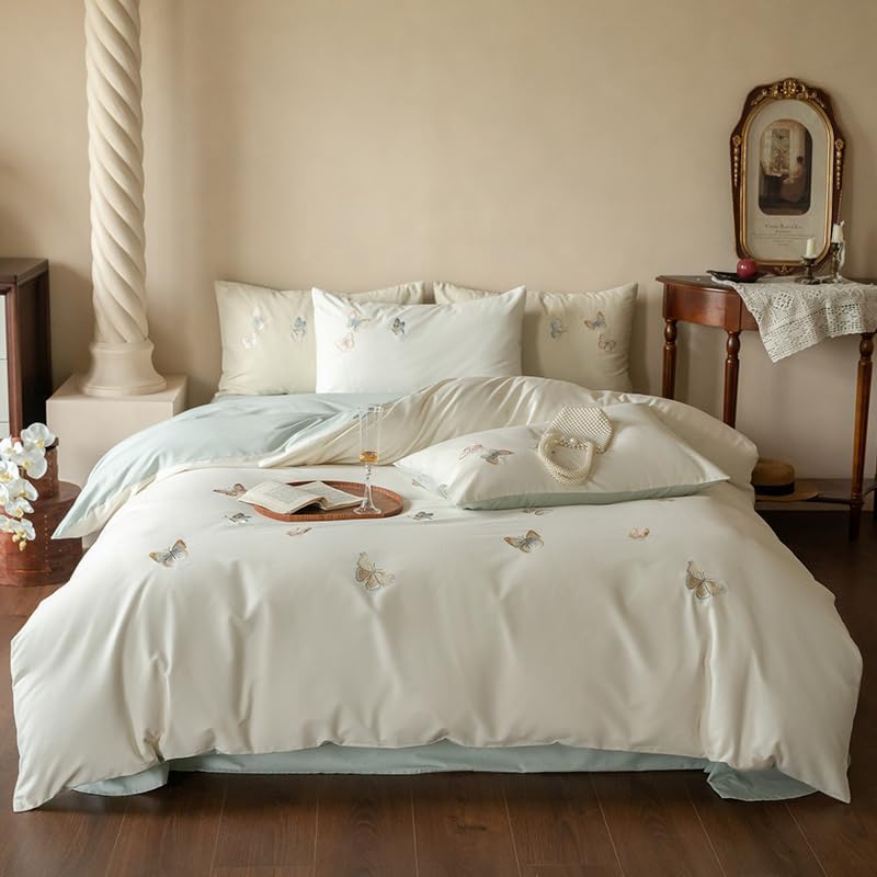 Sage Butterfly Bedding Set - Reversible 100% Brushed Cotton with 146,800-Stitch Embroidery, Full (Pale Green & Ivory Reverse)