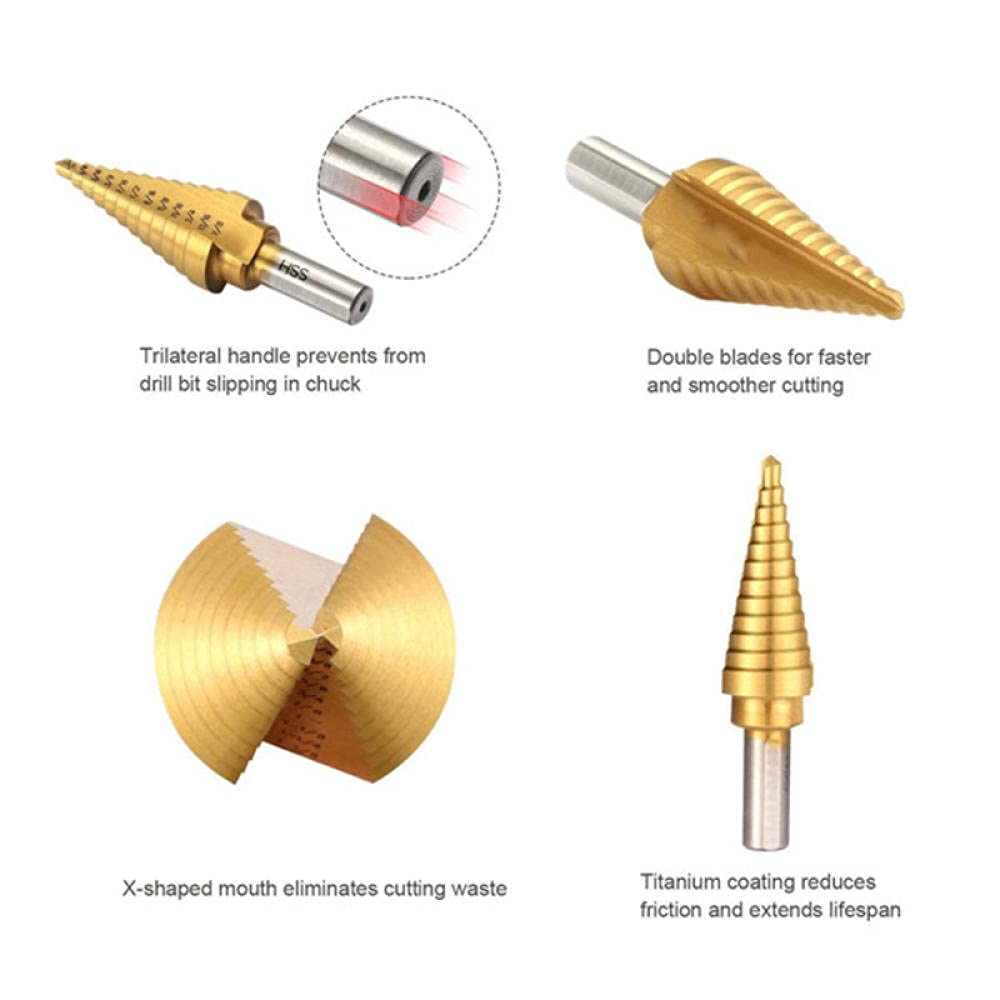 Step Drill bit Broca escalonada con Revestimiento de Titanio HSS Imperial con Juego de Brocas de punzón Central, Cortador de Agujeros for Metal, Madera, Broca cónica escalonada