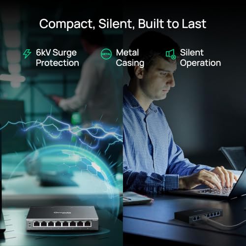 Image of TP-Link Omada 8 Port Gigabit Easy Managed PoE Switch, 65W Budget, PoE+ Compliant, Up to 250m Distance, Auto Recovery, VLAN, Loop Prevention, Fanless (ES208GP)