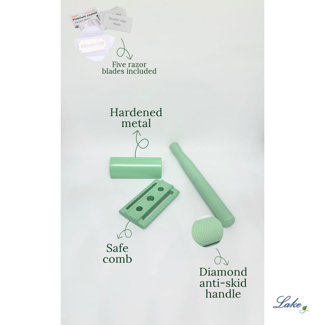 Lake Reusable Metal Safety Razor | Brass handle | for Women and Men | Plastic-free | Includes five razor blades (Green) 4