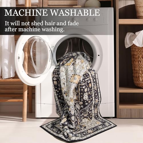 Tapete pequeño MUJOO negro beige lavable 2'x3' miniatura 5