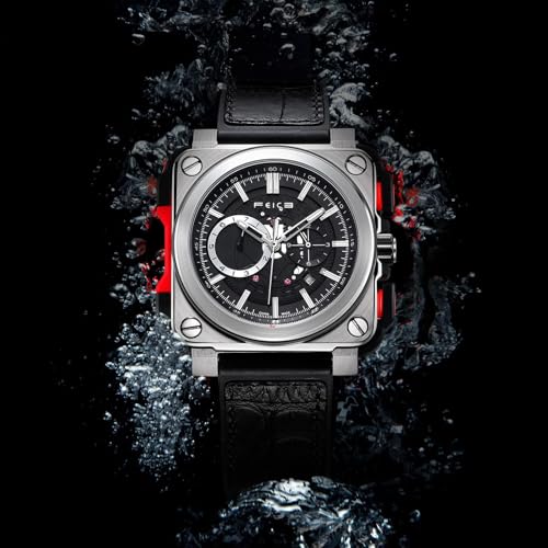 FEICE Men~'s Automatic Watch Mechanical Calendar Mens Wristwatch Sport Luminous Clock Watches 10ATM Waterproof Square Wrist Watches Leather Strap FM507, Black2