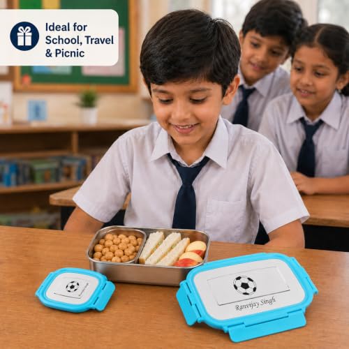 Image of SAVRI Personalized Stainless Steel Lunch Box with Your Child Name and Favourite Character Engraved on Tiffin Box. for Birthdays, Return Gift, Kids, Students, School Meal Box (Blue)
