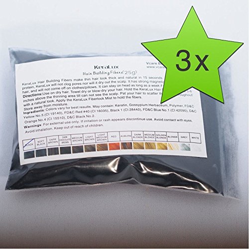 3 x Haarverdichter 25g Nachfüllbeutel -Spar Set- Streuhaar gegen lichtes Haar und Glatzenbildung, Haarverdichtung mit Schütthaar, Farbton:Mittelbraun (Medium Brown)