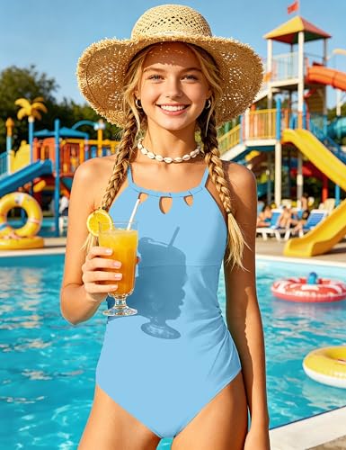 Image of KANGKANG Girls Swimsuit Quick Dry Cut Out One Piece Swimsuits with Tropical Print Cover Up Skirt Bathing Suit Swimwear 7-18Y