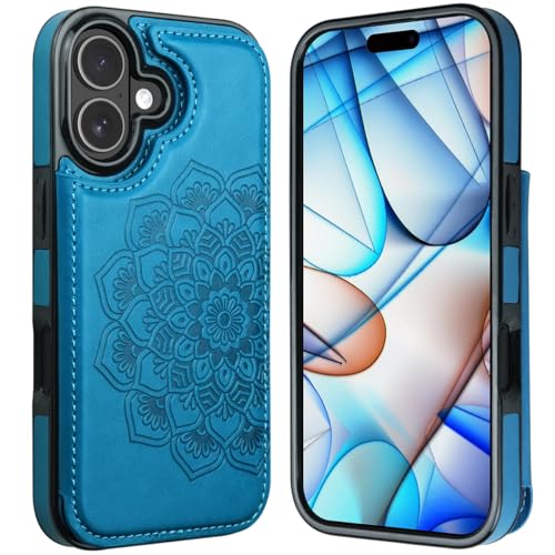 MMHUO for iPhone 17 Case with Card Holder,Flower Magnetic Buttons Protective Wallet Case for Women for iPhone 17 (6.3 Inch),Blue by MMHUO - Used condition - Image 5