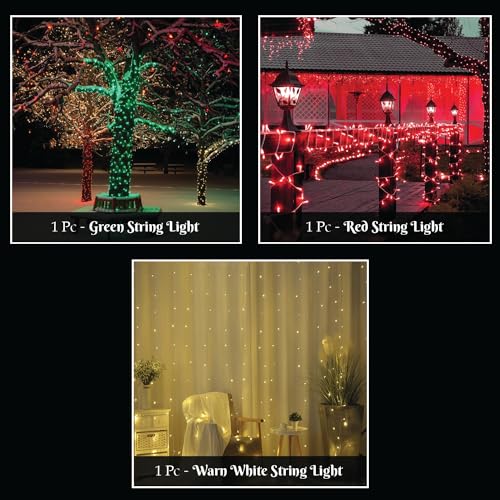 Image of Lexton Traffic Combo of 1Pcs Red, 1Pcs Green & 1Pcs Warm White 40 LED String Light | Decoration Lighting Bulbs for Diwali, Christmas, Eid, Birthday, Wedding | Suitable Indoor & Outdoor(Set of 3)