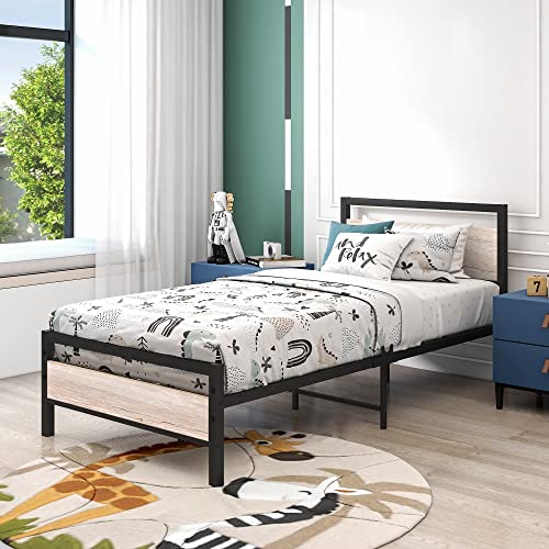 Image of HOJINLINERO Twin Bed Frames with Wood Headboard,Metal Twin Platform Bed Frame No Box Spring Needed,Heavy Duty Steel Slats,No Noise,Black and Teak Oak