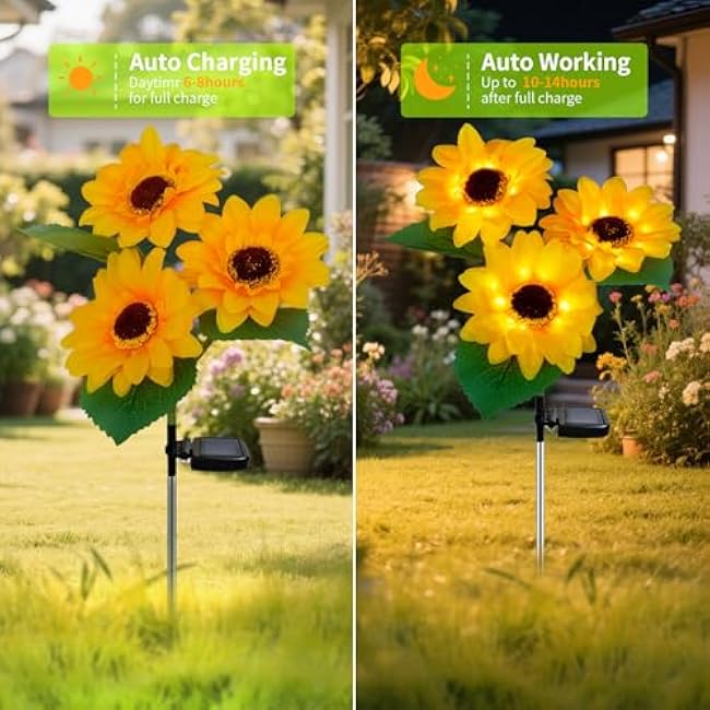Outdoor Solar Garden Stake Lights,Upgraded LED Solar Powered Light with 3 Sunflower, Waterproof Solar Decorative Lights for Garden, Patio, Backyard (1 Pack 3 Flower)