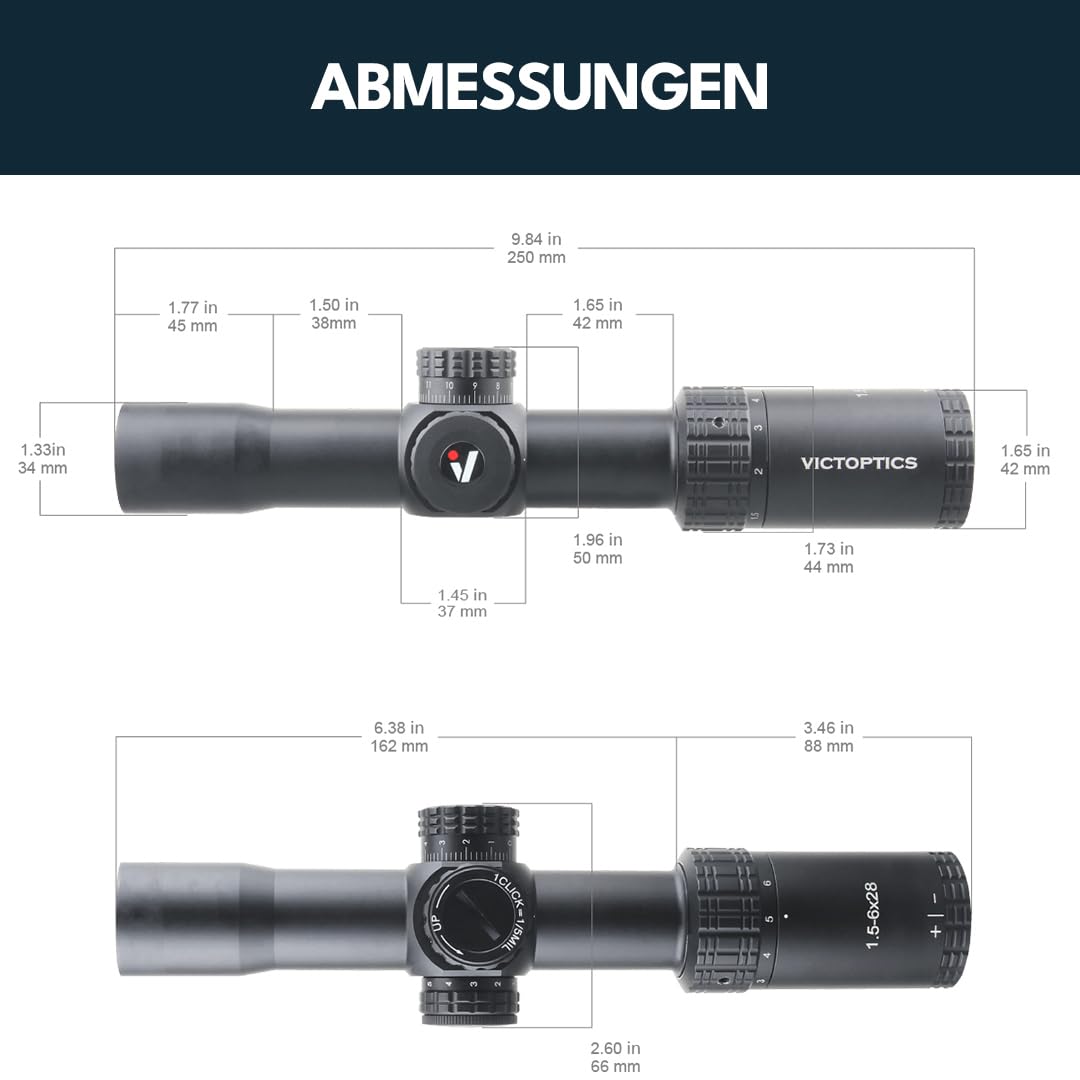 Victoptics OPSL32 S4 1.5-6x28 Zielfernrohr für Sport, Airsoft und Jagd, Luftgewehr, Ziel-Visier, Gewehrzielfernrohr, Rifle Scope, umfangreiches Zubehör