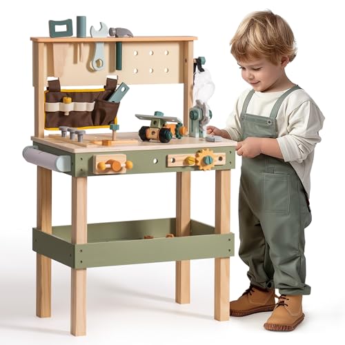 Image of ROBOTIME Wooden Kids Tool Bench, Toddler Tool Bench - Toy Play Workbench Workshop with Tool Belt, Play Tools Set, Drawing Paper for Construction Play, Perfect for Kids Ages 3-5