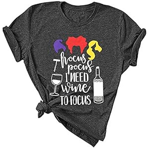 Hocus Pocus I Need Wine to Focus T Shirt for Women, Casual Short Sleeve O-Neck Funny Drinking Graphic Sanderson Sisters Halloween Tee Top