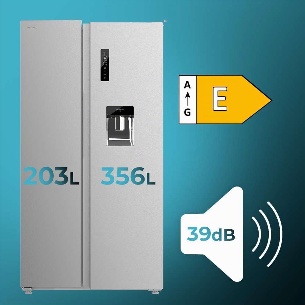 Cecotec Side-by-Side Kühlschrank Bolero CoolMarket SBS 559 Inox E. 559 Liter, Inverter-Kompressor, Total NoFrost, Multi Air Flow, Wasserspender und Display für die sichere Lagerung von Lebensmitteln