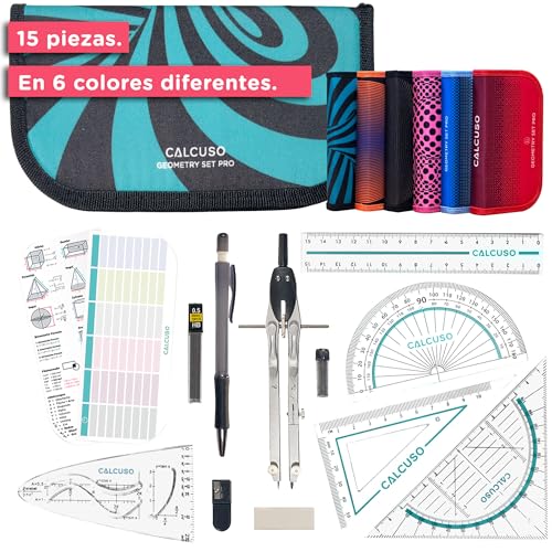 CALCUSO Conjunto de GEOMETRIA PRO num estojo turquesa com compasso e transportador - estojo prático para escola, universidade, escritório e desenhos - ideal como conjunto de geometria para a escola