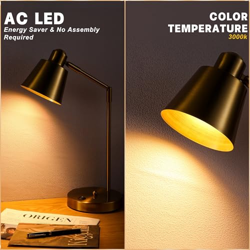 Image of Anxingtools LED Desk Lamp with Dual USB Charging Ports, 100% Metal, 270 Swivel Arms, Soft White Light (3000K), Bedside Reading Lamp, Home Office Lamp(Golden)
