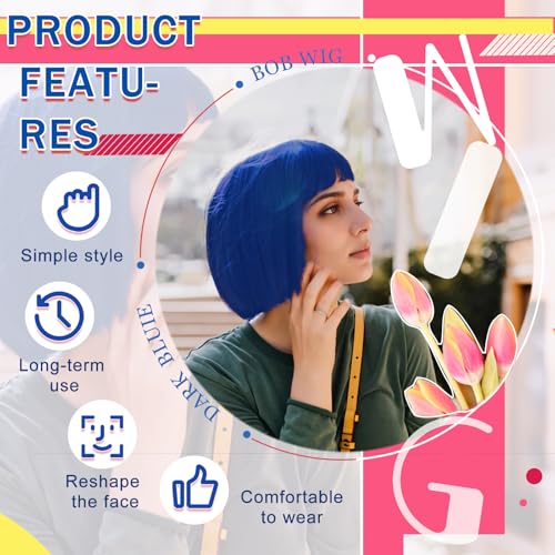 Image of LIULIUBTY Short Bob Hair Wigs Straight with Flat Bangs Synthetic Colorful Cosplay Daily Party Neon Wig for Women with Wig Cap 12 inch Natural As Real (Bob, Sapphire Blue)