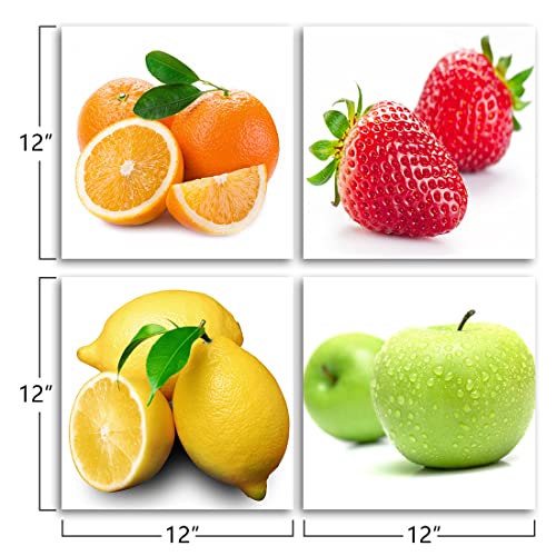 Purple Verbena Art 4Pcs/Set Stretched And Framed Orange, Apple, Lemon, Strawberry Fruits Design Wall Artwork Paintings, 12X12 Inches Giclee Walls Canvas Art Work For Kitchen Home Decor, Ready To Hang #TOP1