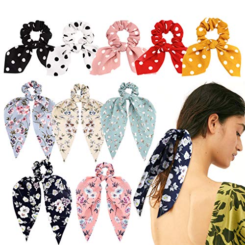 VELSCRUN 10 Pcs BowKnot Hair Scrunchies Hair Bands Elastic Hair Scarves Floral Hair Ties 2 in 1 Vintage Ponytail Holder Hair Accessories for Women