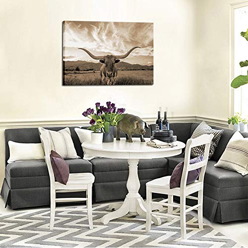 Kreative Arts Sepia Animal Canvas Wall Art Highland Cattle With Long Horns Picture Texas Longhorn In Sunset Farm Painting For Home Decor Modern Living Room Decorations Ready To Hang 24X36In #TOP2