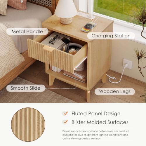 Image of LYNCOHOME 17.7 inch Tall Nightstand with Charging Station,Set of 2, Light Oak
