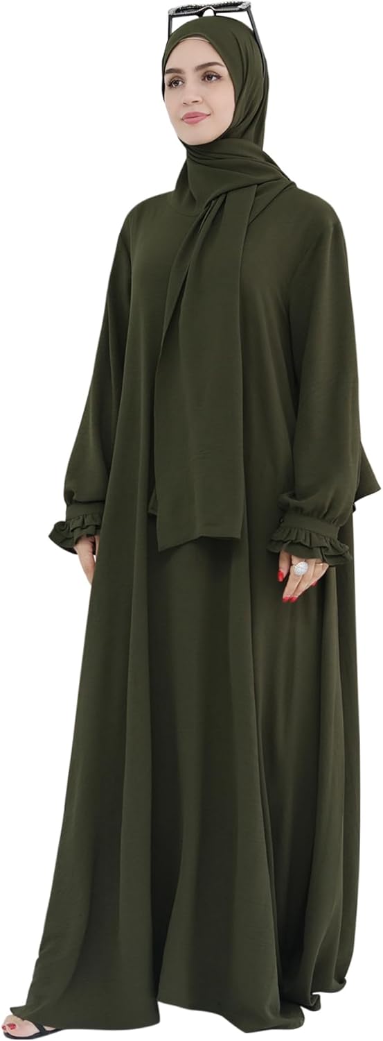 Women Muslim Dress Middle East Arabian Robe Islamic Modest Dress with Hijab Scarf Lace Sleeve Flowy Abaya Dress - Image 4