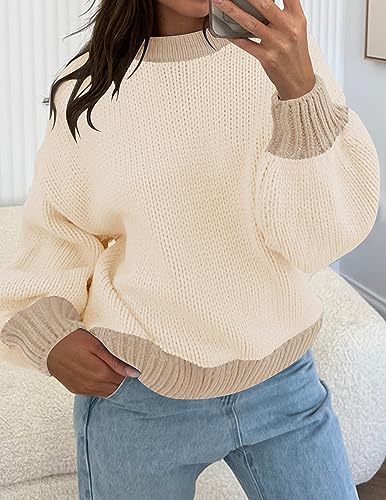 ZESICA Women's Casual Long Sleeve Crew Neck Pullover 2025 Fall Ribbed Knit Loose Contrast Color Sweater Tops3