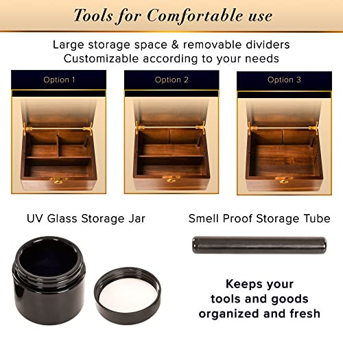 Moettik Premium Acacia Storage Box - Smell Proof Locking Design with Accessories - Removable Wood Tray, 3 Glass Jars, Storage Tube, Ceramic Tray, Brush, Brown, Upgraded Design 2024 - Image 5